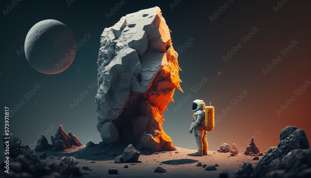 Poster a man in an astronaut suit standing on a rocky surface next to a rock formation redshift render an a