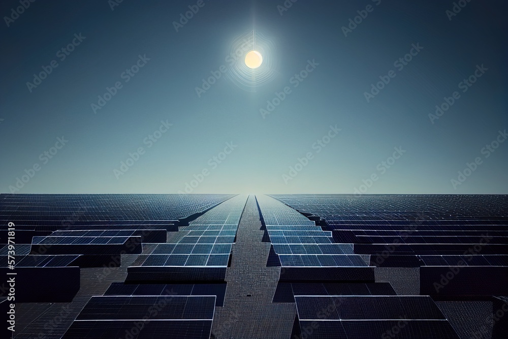 Aufkleber a solar panel array with the sun shining in the background and a bright blue sky solarpunk a digital