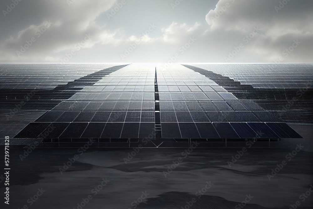 Poster a large solar panel in the middle of a field with a sky background and clouds solarpunk a digital re