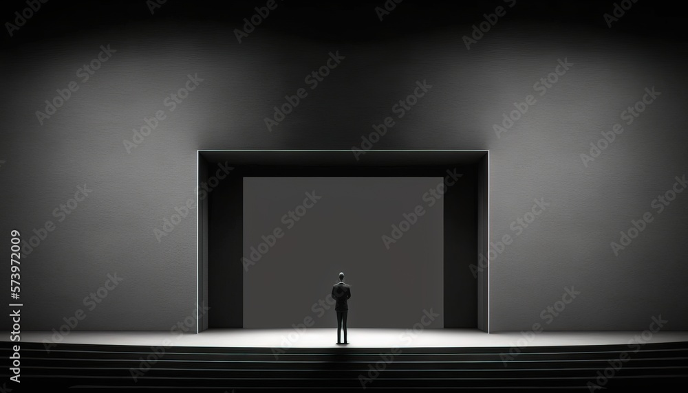 Poster a person standing in front of a doorway in a dark room with a light at the end minimalist an ambient