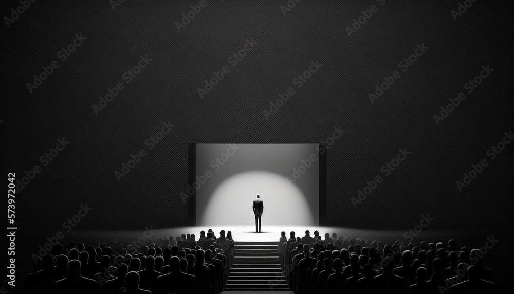 Poster a man standing in front of a stage with a crowd of people watching him from the bottom cinematic lig
