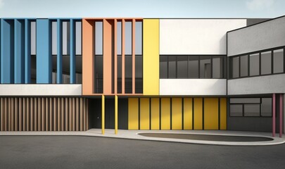  a multicolored building with a parking lot in front of it.  generative ai