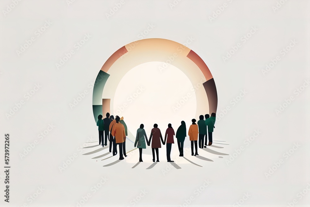 Poster a group of people standing in a circle with a large circle in the background of them editorial illus