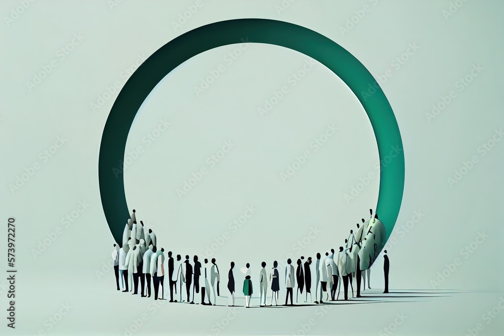 Poster a group of people standing in front of a large green object with a circle of people editorial illust