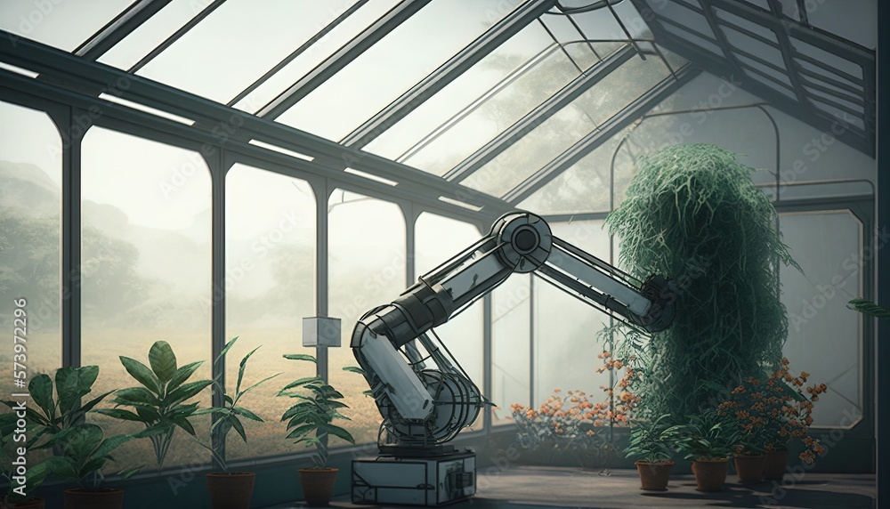 Aufkleber a robot is standing in a greenhouse with plants in it's back end and a camera on its arm intricate e