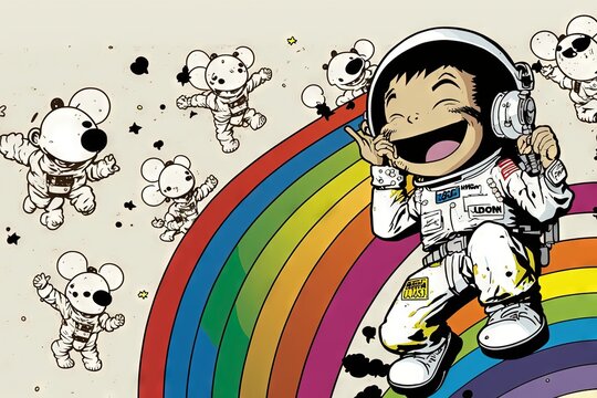  a cartoon of an astronaut on a rainbow with teddy bears.  generative ai