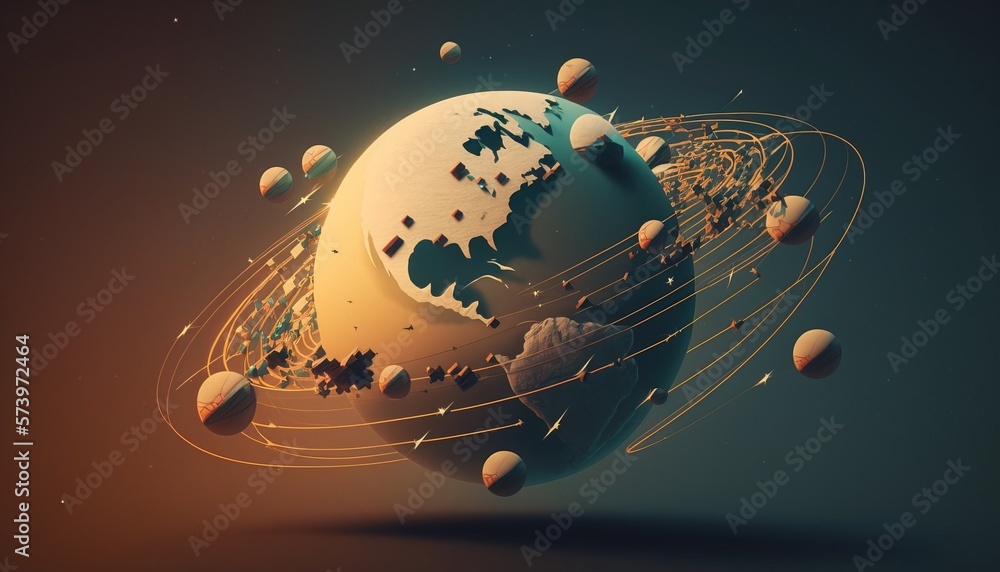 Poster a computer generated image of a planet with a lot of small objects around it including a star and a 