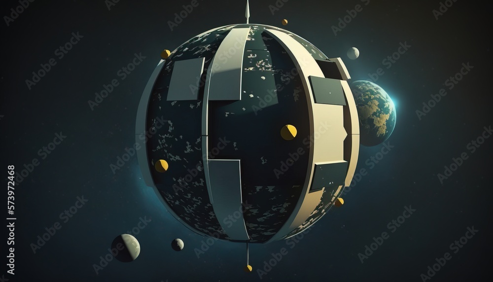 Poster a computer generated image of a space station with a satellite system attached to it's surface cinem