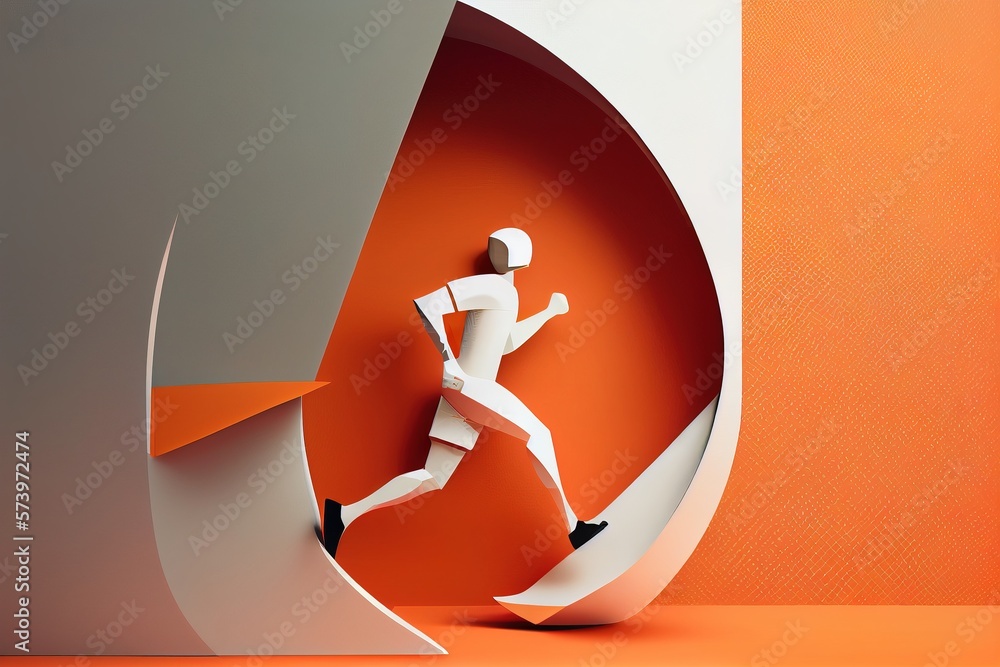 Poster A man running through a tunnel of paper with an orange background and a white background editorial illustration a 3d render international typographic style