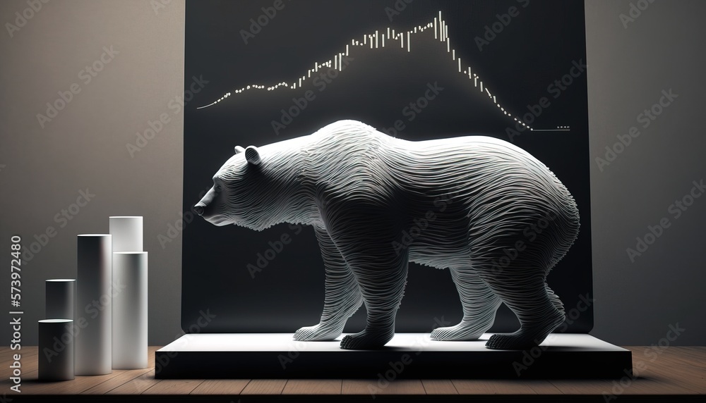 Aufkleber a bear statue is standing on a platform with a chart in the background and a candle path tracing an 