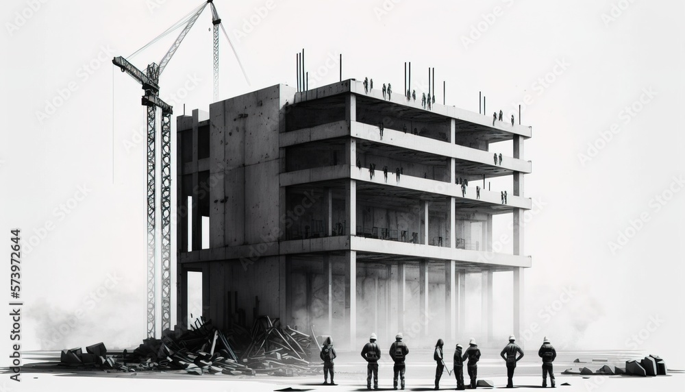 Poster a group of men standing in front of a building under construction with a crane in the background mat