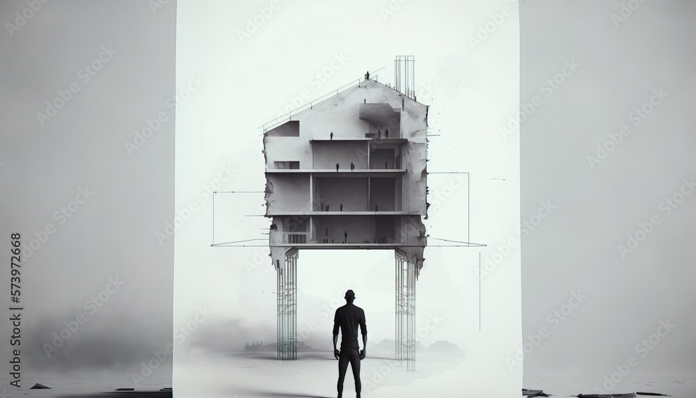 Poster A man standing in front of a tall building with a tower on top of it arthouse an ambient occlusion render modular constructivism