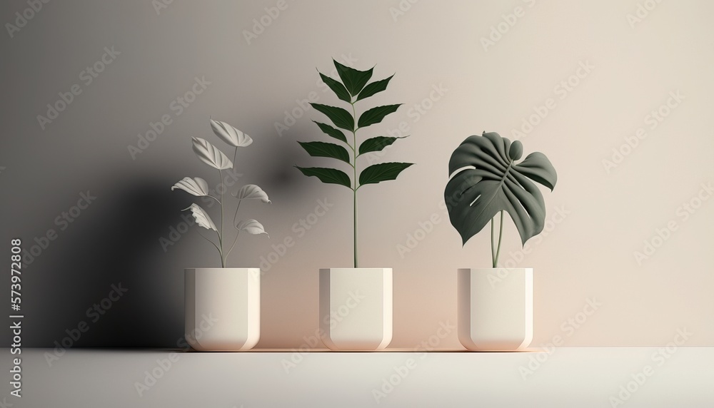 Poster three white vases with plants in them on a table top with a light colored background plants a 3d ren