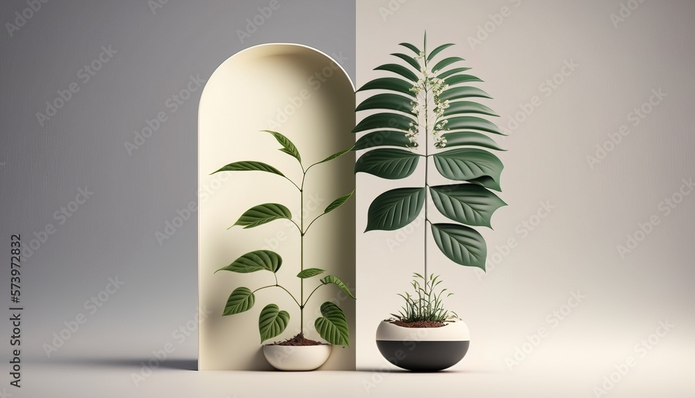 Poster a plant in a vase next to a planter with a plant in it on a white background 3 d render a 3d render 