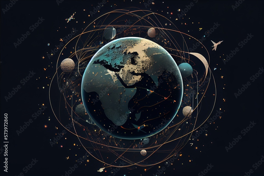 Aufkleber A picture of the earth surrounded by many different objects in space including stars and planets liminal space in outer space computer graphics space art