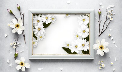  a picture frame with white flowers on a gray background with a gold border.  generative ai