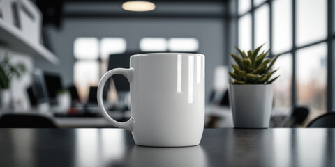 Mug blanc, mock-up, arrière plan bureau