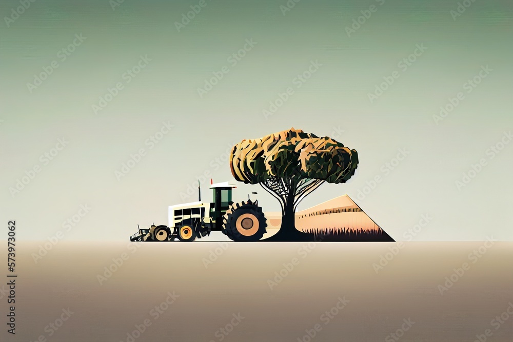 Poster a tractor is driving past a tree on a hill side with a pyramid in the background editorial illustrat