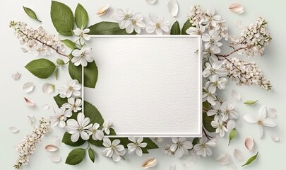  a square frame surrounded by white flowers and leaves on a green background.  generative ai
