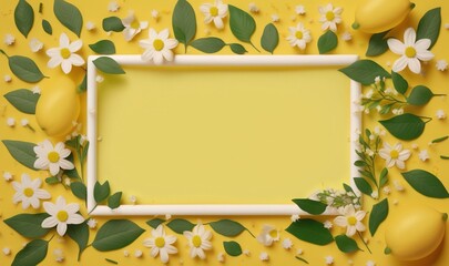 Obraz na płótnie Canvas a square frame surrounded by flowers and lemons on a yellow background. generative ai