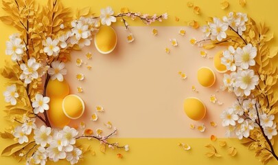 Naklejka na ściany i meble an overhead view of a yellow background with white flowers and eggs. generative ai