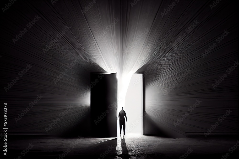 Poster a man standing in a doorway with a light coming through it and a person standing in the doorway limi