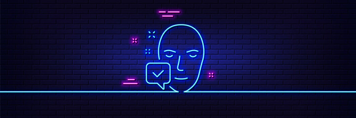 Neon light glow effect. Face accepted line icon. Access granted sign. Facial identification success symbol. 3d line neon glow icon. Brick wall banner. Face accepted outline. Vector