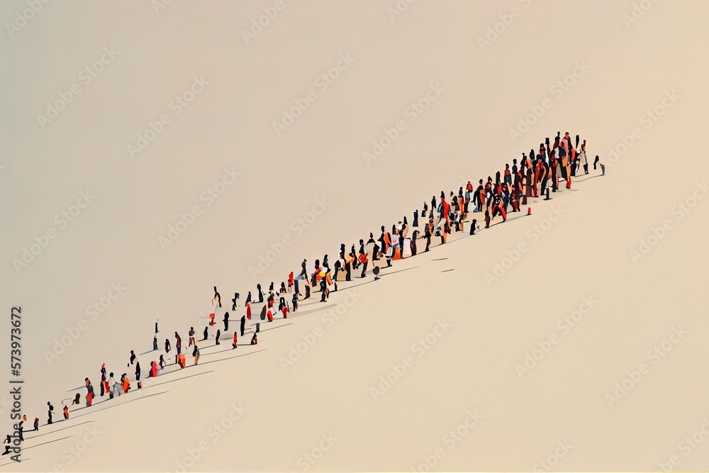 Poster a large group of people walking up a hill together in the snow with a sky background dynamic scene a