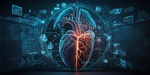 digital heathcare on modern virtual screen, 3d world medical technology, ultra wide illustration