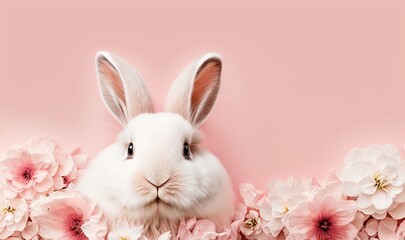 Naklejka na ściany i meble a white rabbit is sitting in a pink flowered border. generative ai