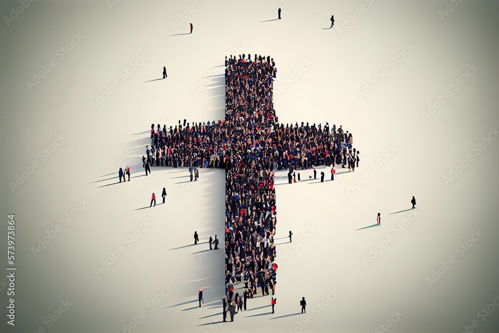 Poster a large group of people standing around a cross shaped object in the sky with a sky background edito