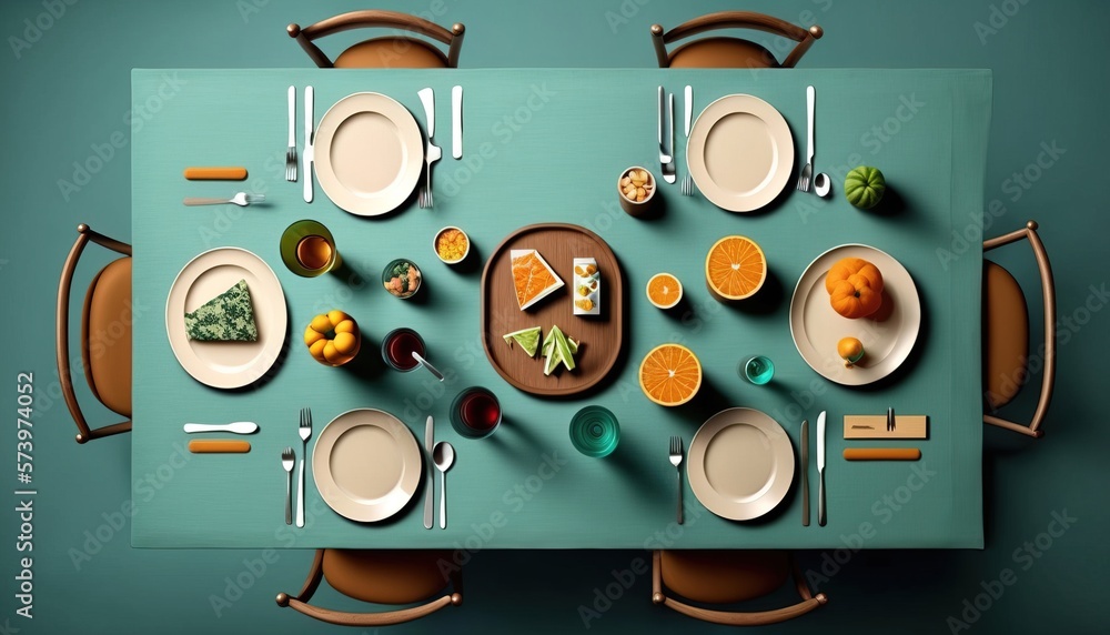 Poster a table with a blue table cloth and a green table cloth with a blue table cloth with a green table c