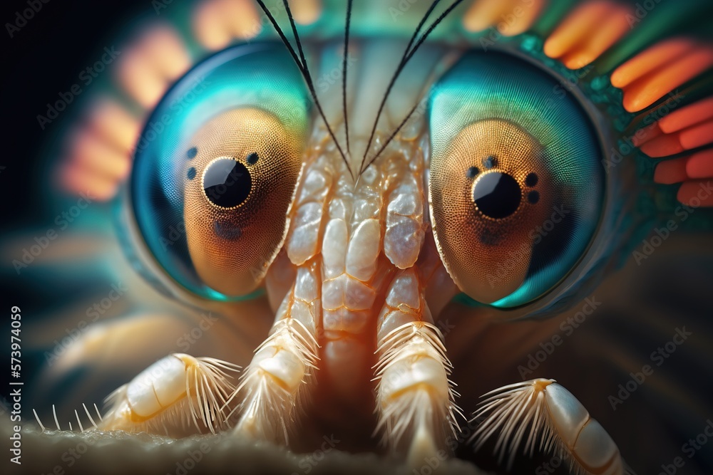Poster a close up of a bug's eyes with a blue background and a yellow and orange pattern macro art a micros