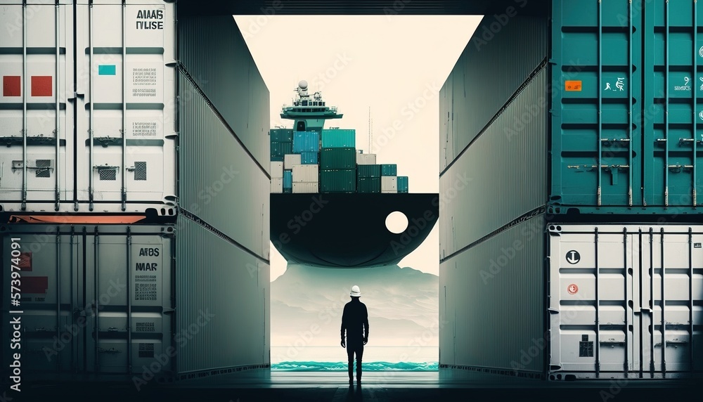 Poster a man standing in a tunnel between two cargo containers with a ship in the background editorial illu