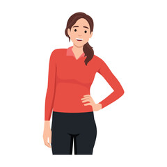 Fototapeta na wymiar Young cheerful woman keeping hands on her hips. Bright girl smiling, looking straight and confident. . Flat vector illustration isolated on white background