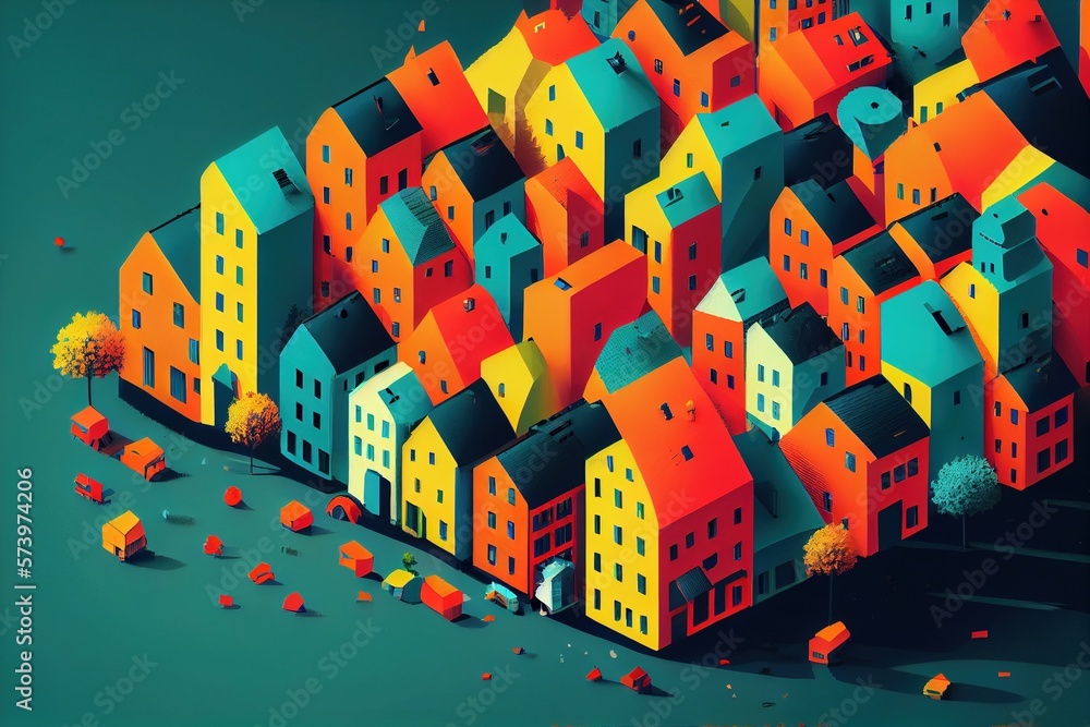 Poster a colorful city with lots of houses and trees in it's center with a green background colorful flat s