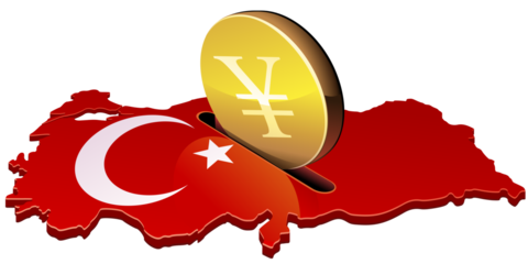 3D map of Turkey in the colors of the Turkish flag with the crescent and the star with a slotin which a gold coin with the symbol of the yen is deposited (cut out)