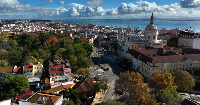 Aerial view of Basilica da Estrela medieval catholic church in Lisbon, Portugal.