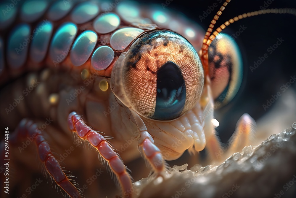 Aufkleber a close up of a bug with a blue eye and a black background with a white stripe macro art a microscop