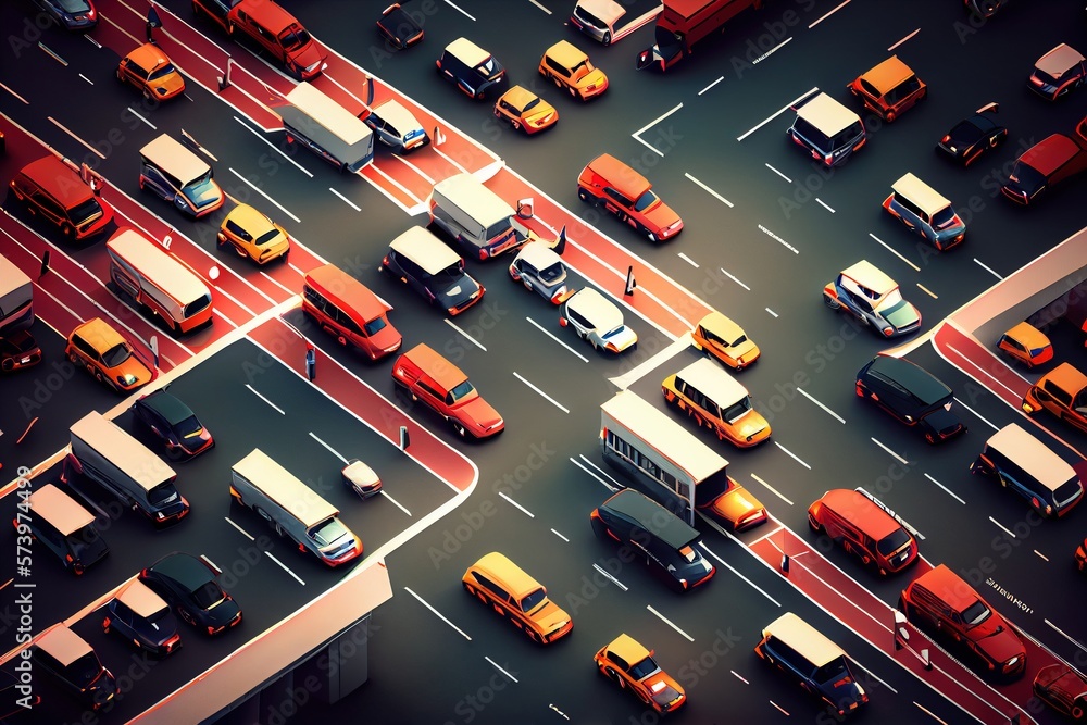 Aufkleber a street filled with lots of traffic next to a tall building with a clock on it redshift render an a