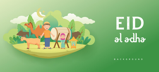 Eid Al Adha Banner Design Cartoon Kid Muslim With Animals Green Color