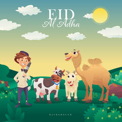 Eid Adha Muslim Boy with Animals Cartoon Character Vector Illustration
