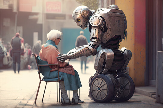 robot caring for an elderly woman in a wheelchair ai generation