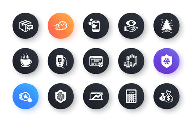 Minimal set of Calculator, Parking app and Justice scales flat icons for web development. Hold heart, Health eye, Sales diagram icons. Web settings, Coffee cup, Clean skin web elements. Vector