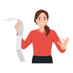 Financial theme with weary and shocked woman holding perusing the very long bill. Financial problem concept with woman feeling shocked from her overspending. Flat vector illustration isolated on white