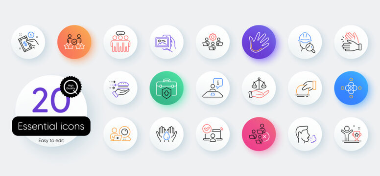 Simple set of Online access, Employees group and Winner cup line icons. Include Clapping hands, Inspect, Remove team icons. Video conference, Hand, Inclusion web elements. Teamwork. Vector