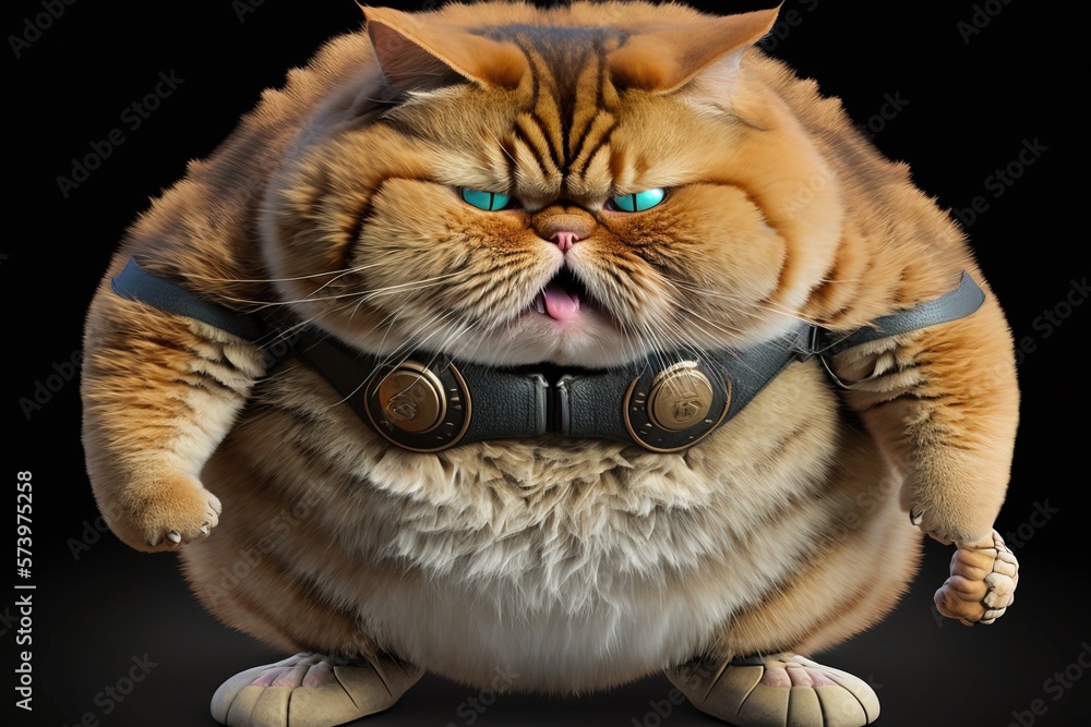Poster a cat with a collar and harness on its back with its mouth open and eyes wide open unreal 5 a comput