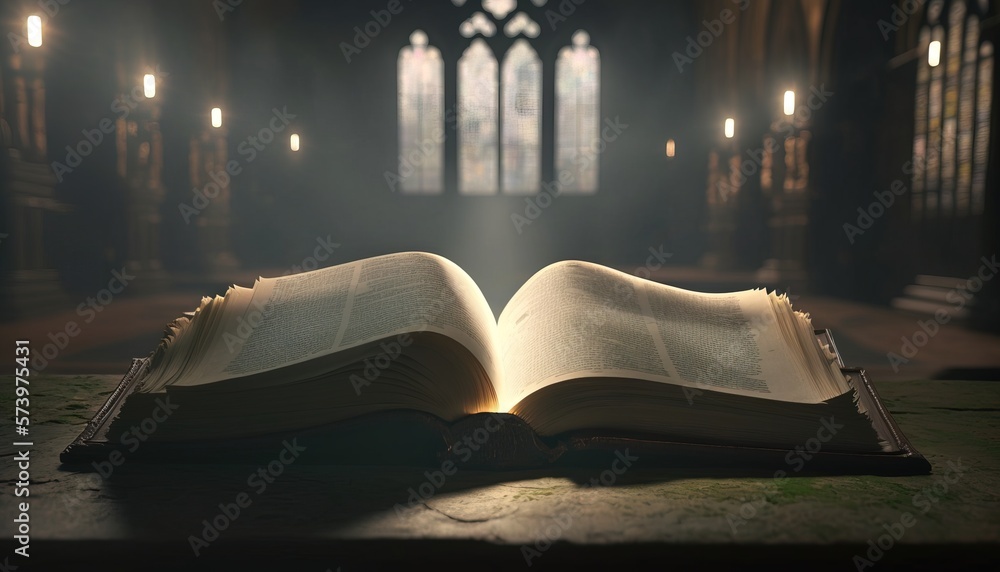 Poster an open book sitting on top of a table in front of a window with candles rendered in unreal 5 a 3d r