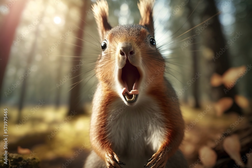 Poster a squirrel is standing in the woods with its mouth open and it's mouth wide open digital 3d render s