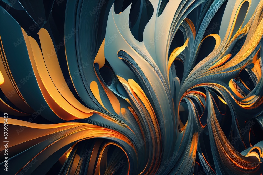 Poster A computer generated image of a swirly design in gold and blue colors with a black background fractals an abstract sculpture generative art
